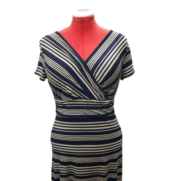 Talbots Faux Wrap Dress, Navy & Beige Striped, M, Short Sleeve, Rayon/Spandex - Picture 2 of 8